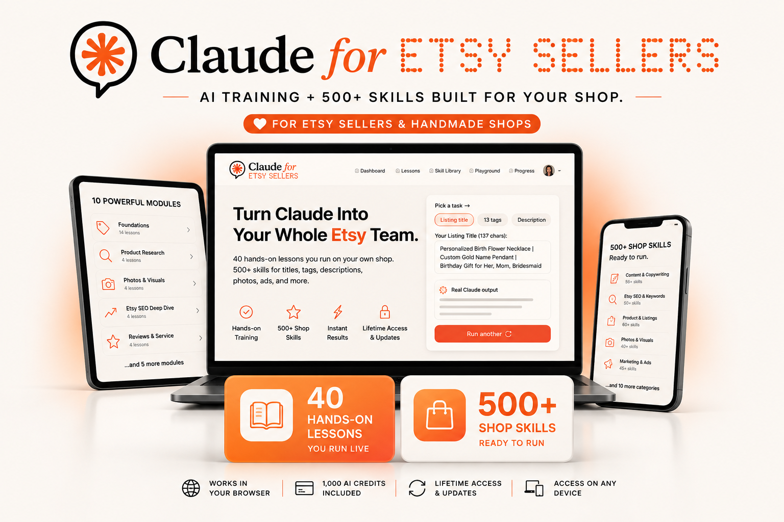 Claude for Etsy Sellers course promo showing listing and shop workflow mockups