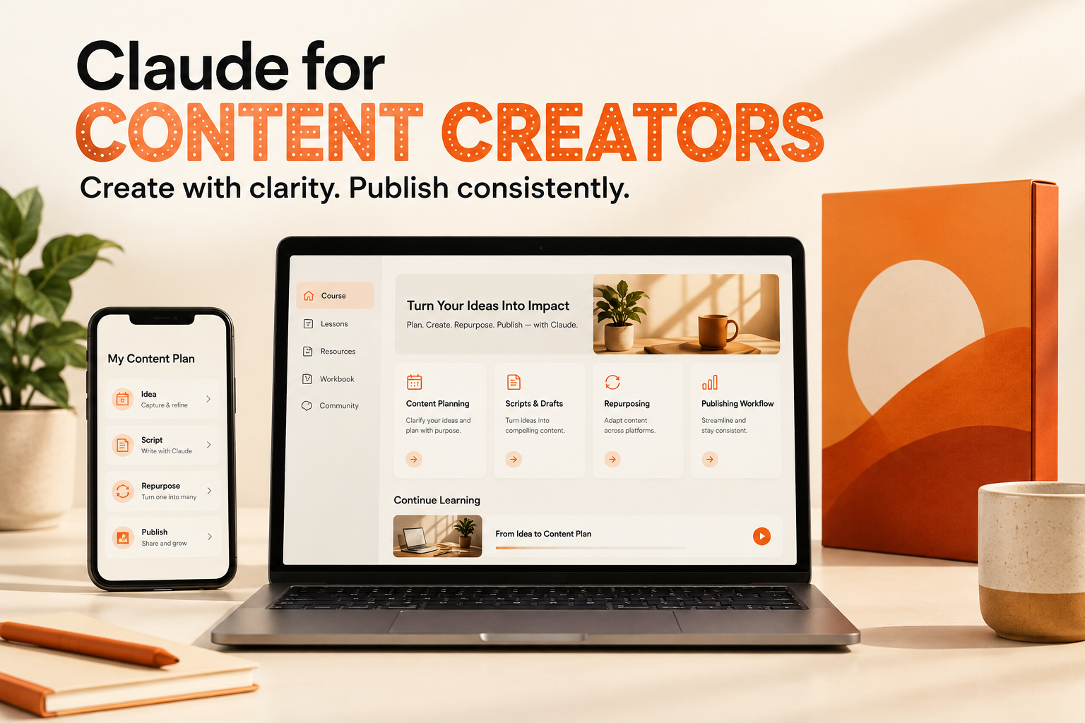 Claude for Content Creators course promo showing content workflow mockups