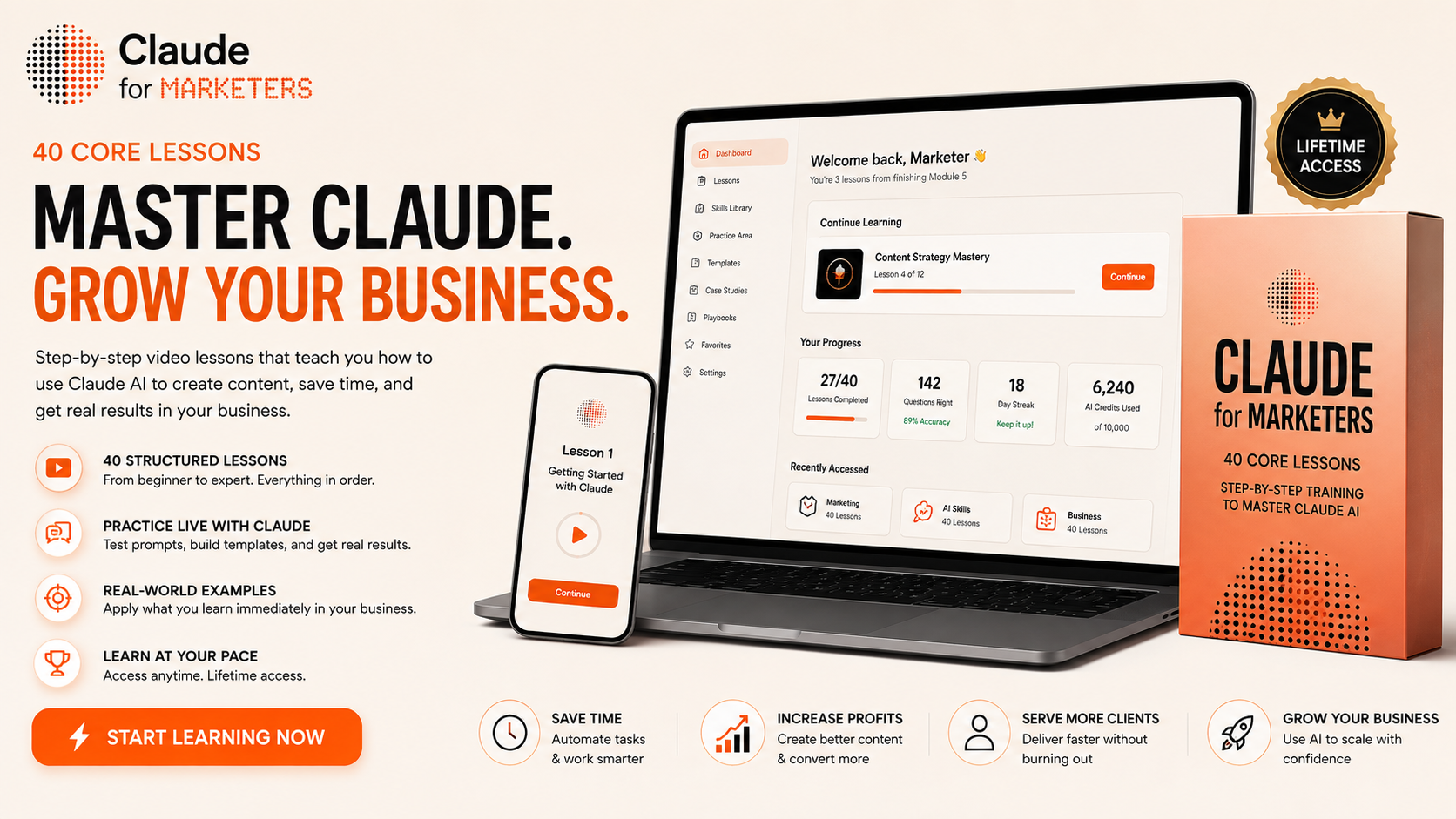 Claude for Marketers course promo showing the interactive lessons and app mockups